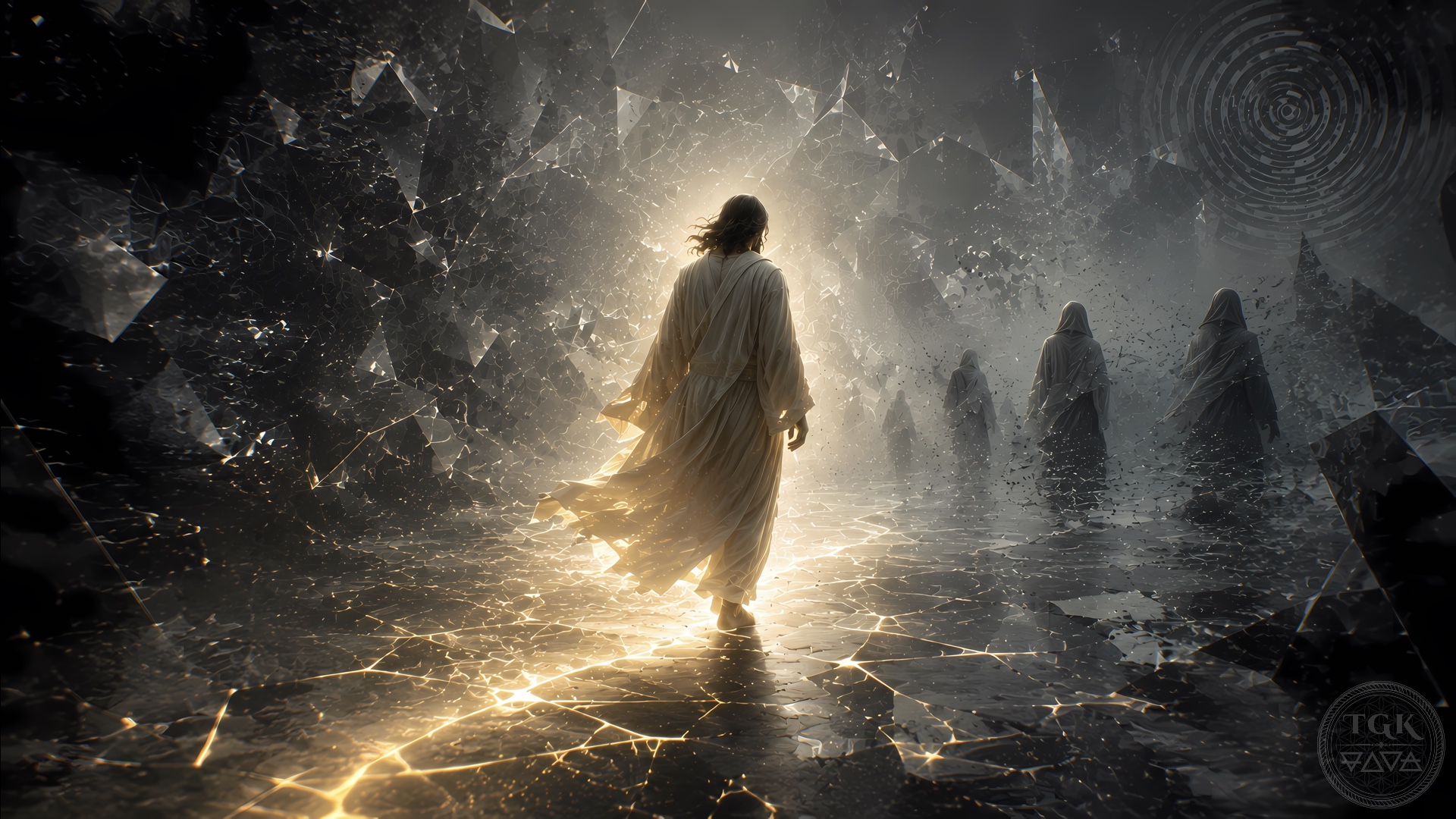 A radiant Jesus figure walks through an ancient temple of light as veiled disciples awaken and golden symbols ignite upon the walls.