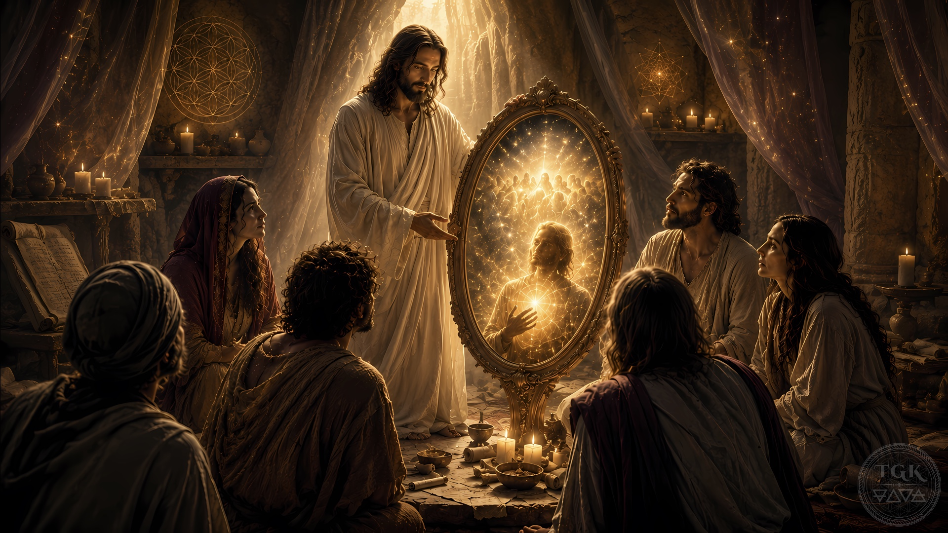 Christ the Revealer stands beside a luminous mirror that reflects the divine spark within the soul.
