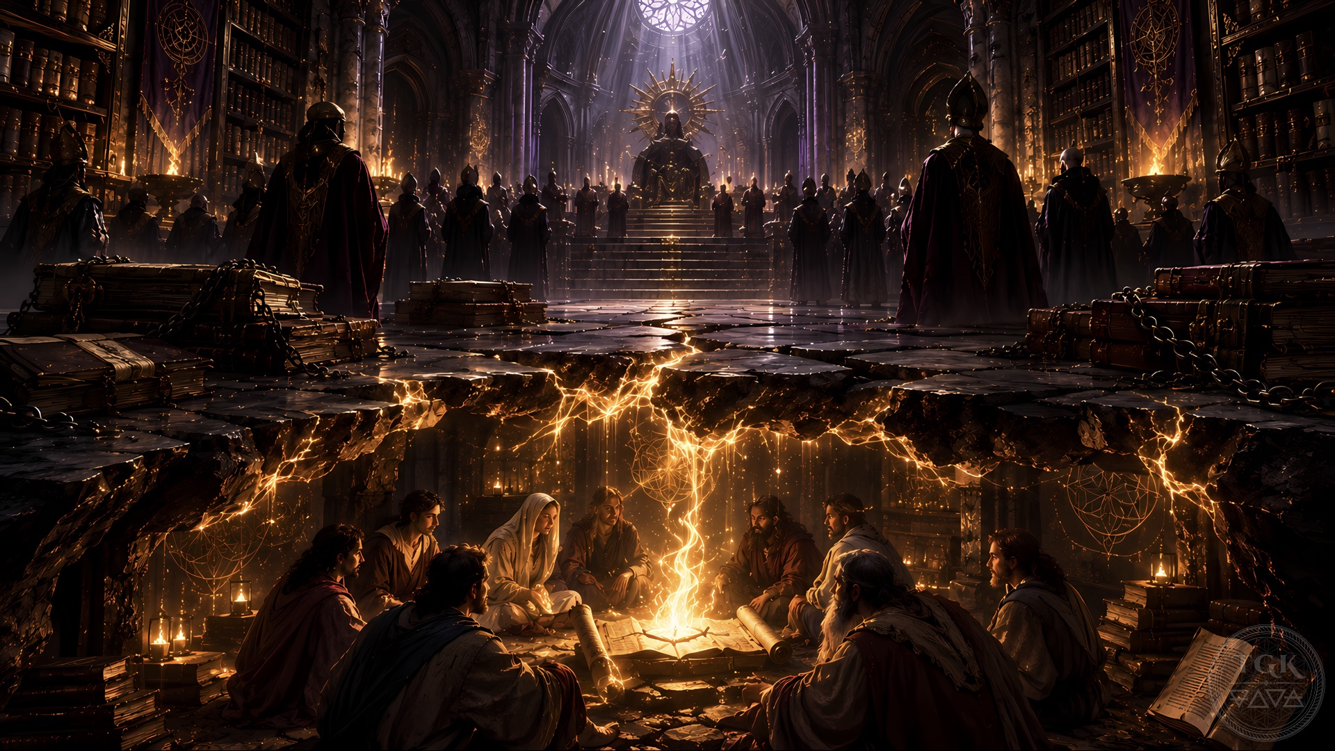 A small circle of seekers gathers around a living flame of gnosis as golden light cracks the stone floor of a dark cathedral of doctrine.