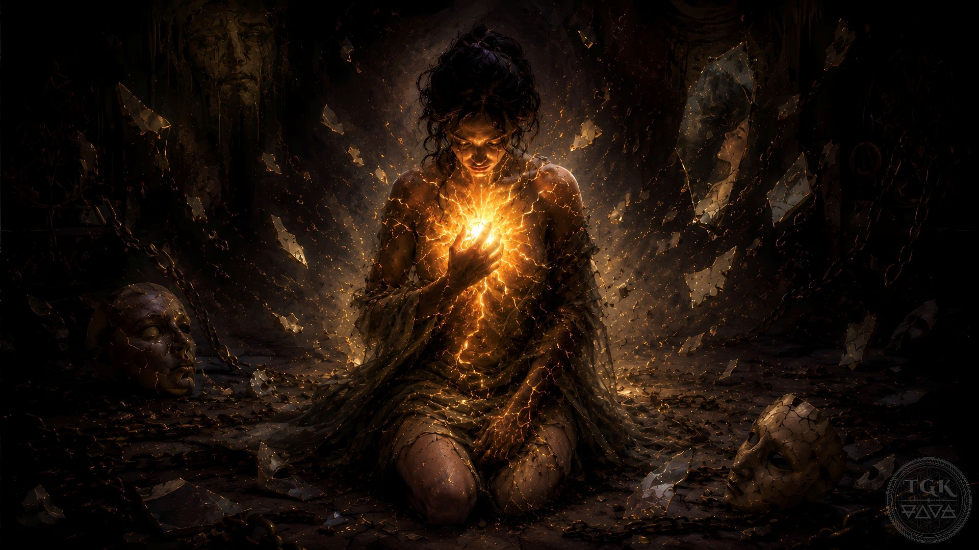 A radiant inner spark breaks through a veil of darkness, symbolising remembrance, movement and freedom.