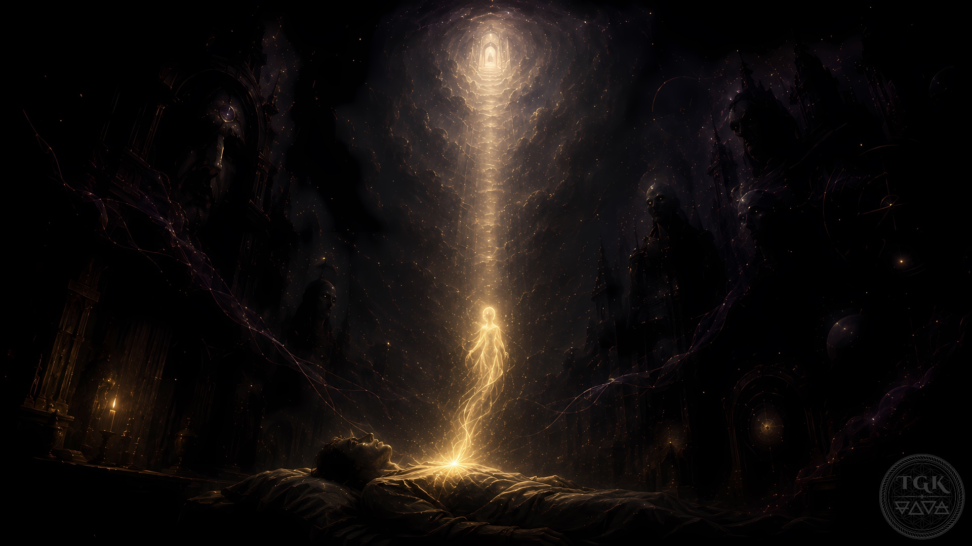 A small golden soul-light rises from a fading body into a vast dark passage, where the first distant gate waits above and faint Archonic shadows gather at the edges of the ascent.