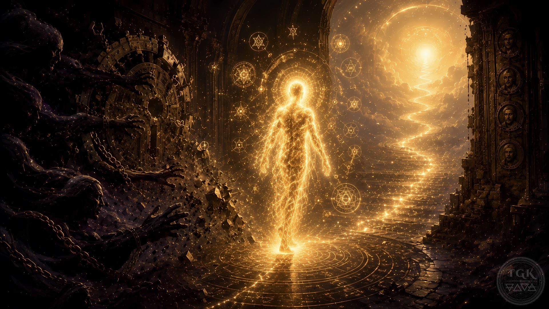 A liberated soul rises through luminous darkness as gnosis dissolves the barriers between death, memory and return.