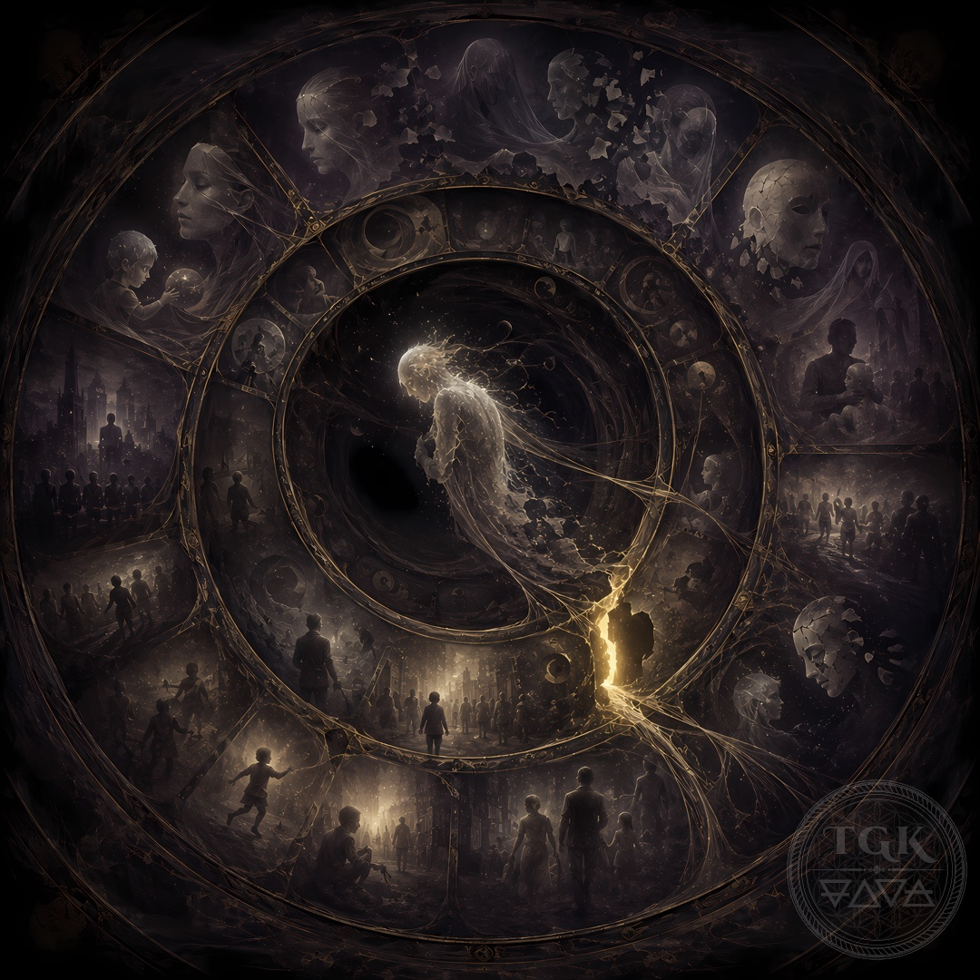 A solitary soul stands before the dark toll gates, surrounded by the fading symbols of memory and return.