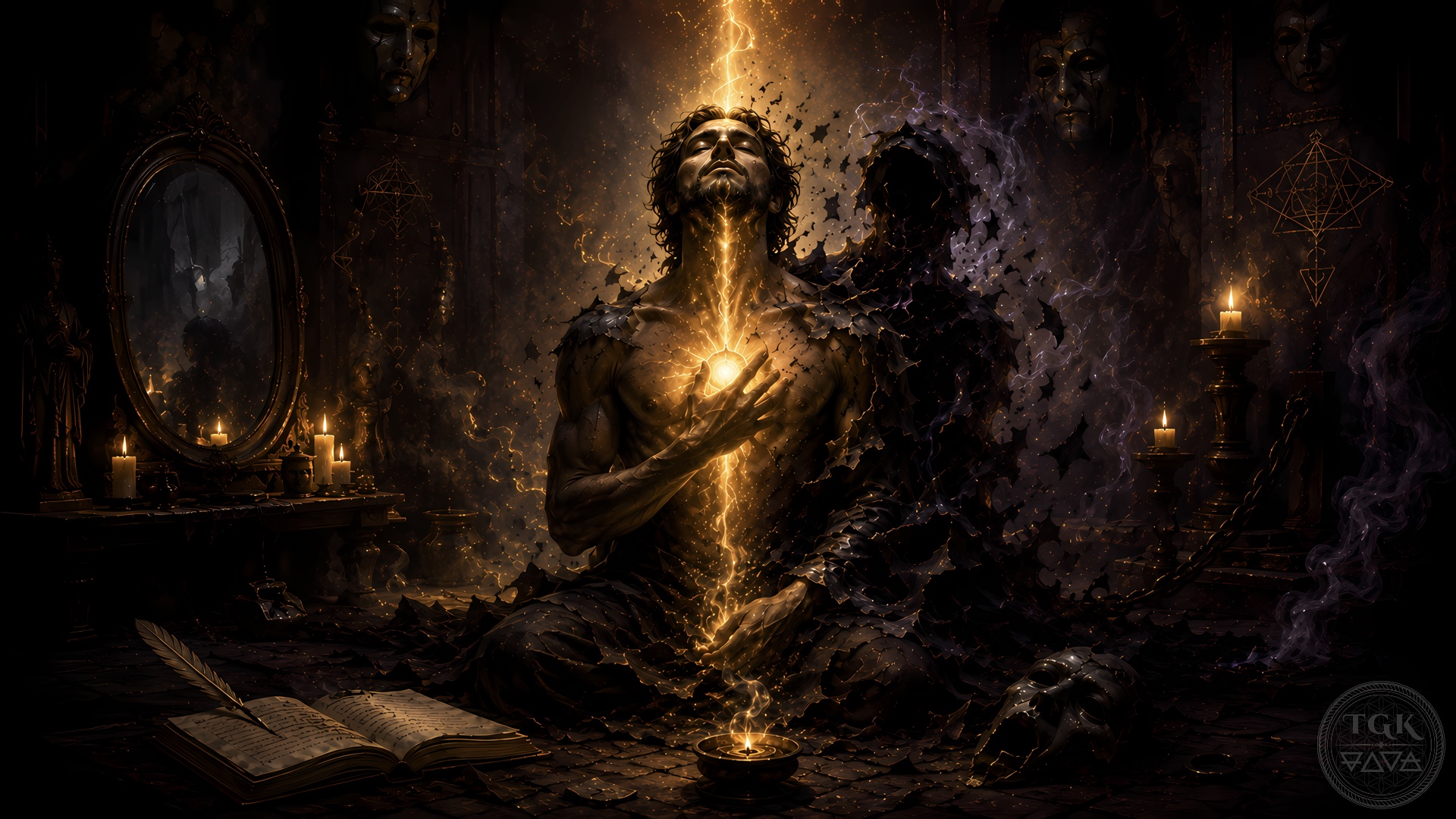 A soul releases its former identity in a field of shadow and light before crossing into the final return.