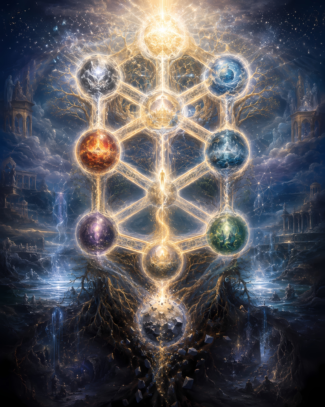 A vast living Tree of Life rises from dark roots into radiant crown-light, its ten luminous spheres joined by golden paths as a small soul-spark begins the ascent from matter back toward the Infinite.