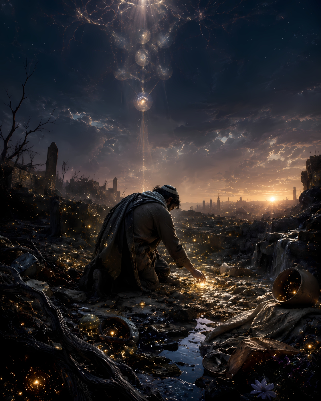 A twilight earthly landscape holds hidden sparks of gold within stone, root, dust, and water, while a seeker begins to recognise the divine light buried in matter.