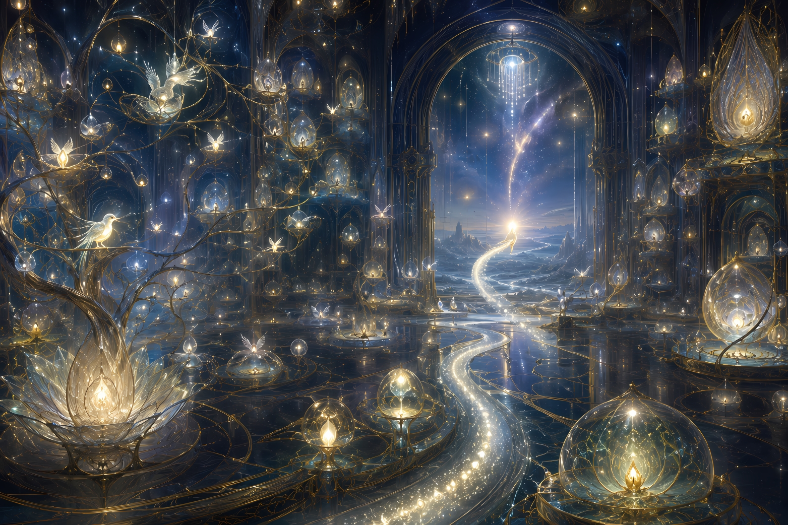 The Guf appears as a vast celestial treasury where countless soul-sparks wait in luminous chambers, branches, vessels, and streams of light before one begins its descent into the world.