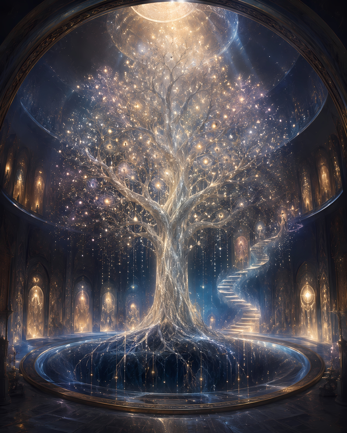 A vast celestial Tree of Souls grows inside a luminous chamber, its branches holding countless unborn soul-lights like sparks waiting for their appointed descent into the world.