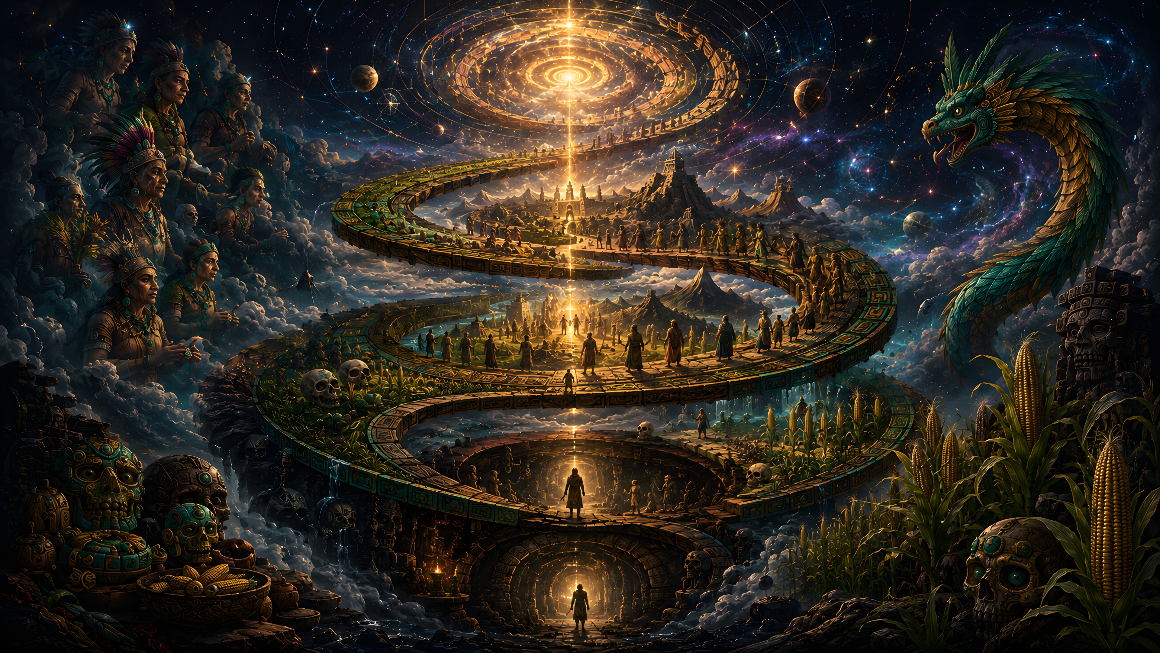 The Afterlife Episode VI Part III artwork: Mesoamerica, the spiral of return and sacred time.