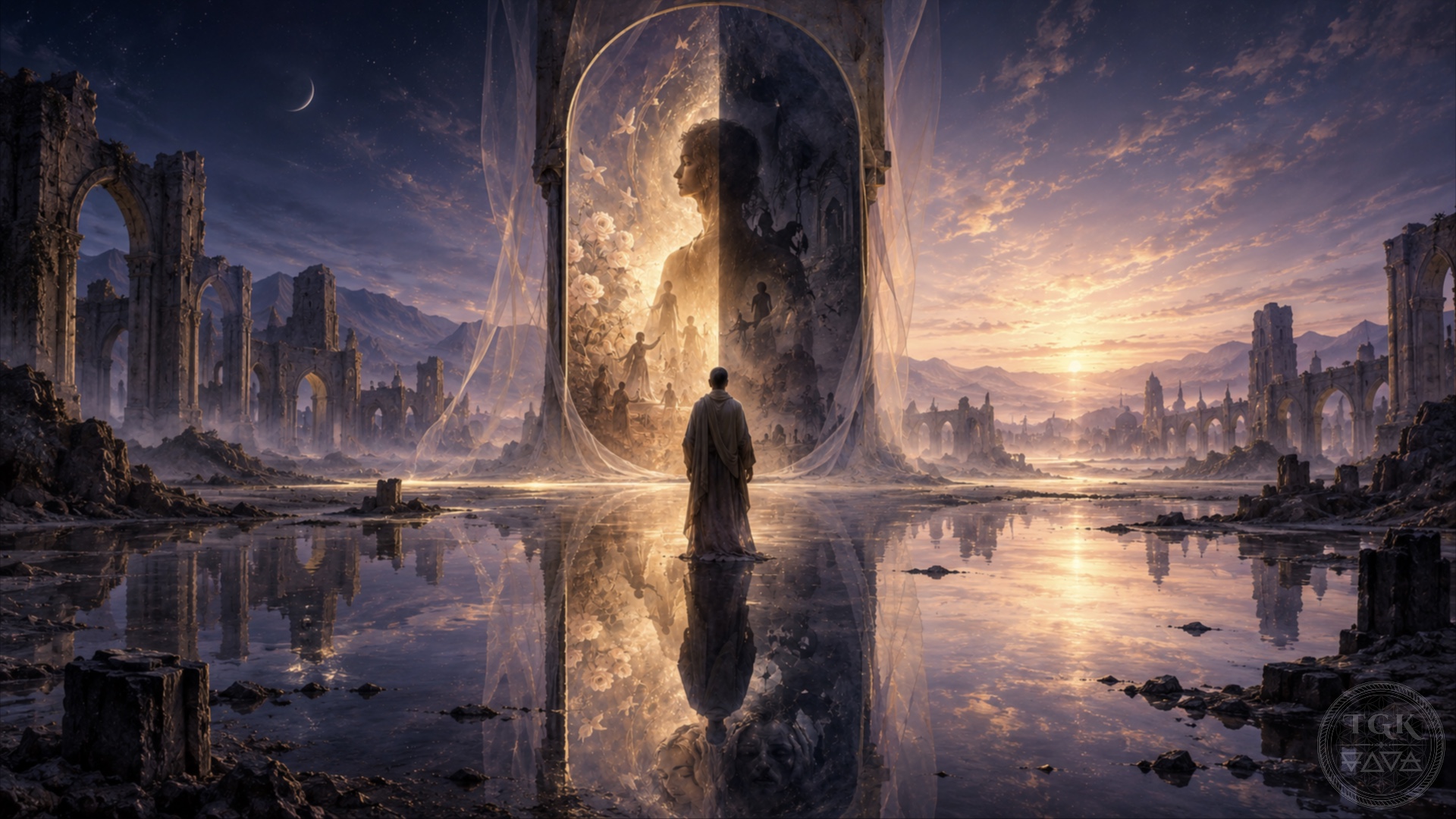 A solitary soul stands in the twilight of Barzakh before a vast mirror-like surface, where its reflection reveals both shadow and light, veils and memory, truth and hidden beauty.