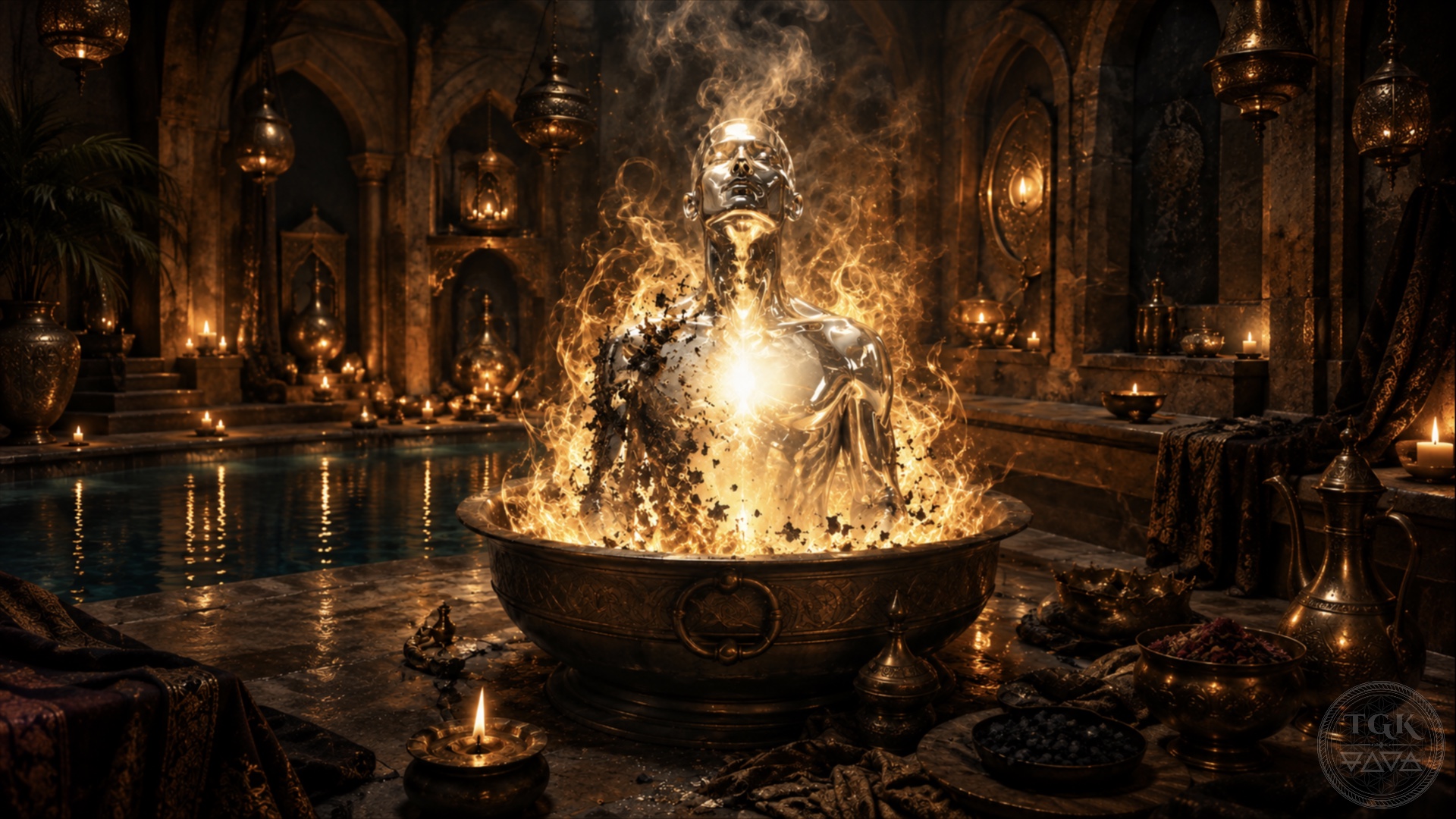 A soul is refined inside a golden crucible of merciful fire, as rust, smoke, and false layers fall away from the heart, revealing a clear inner mirror of divine light.
