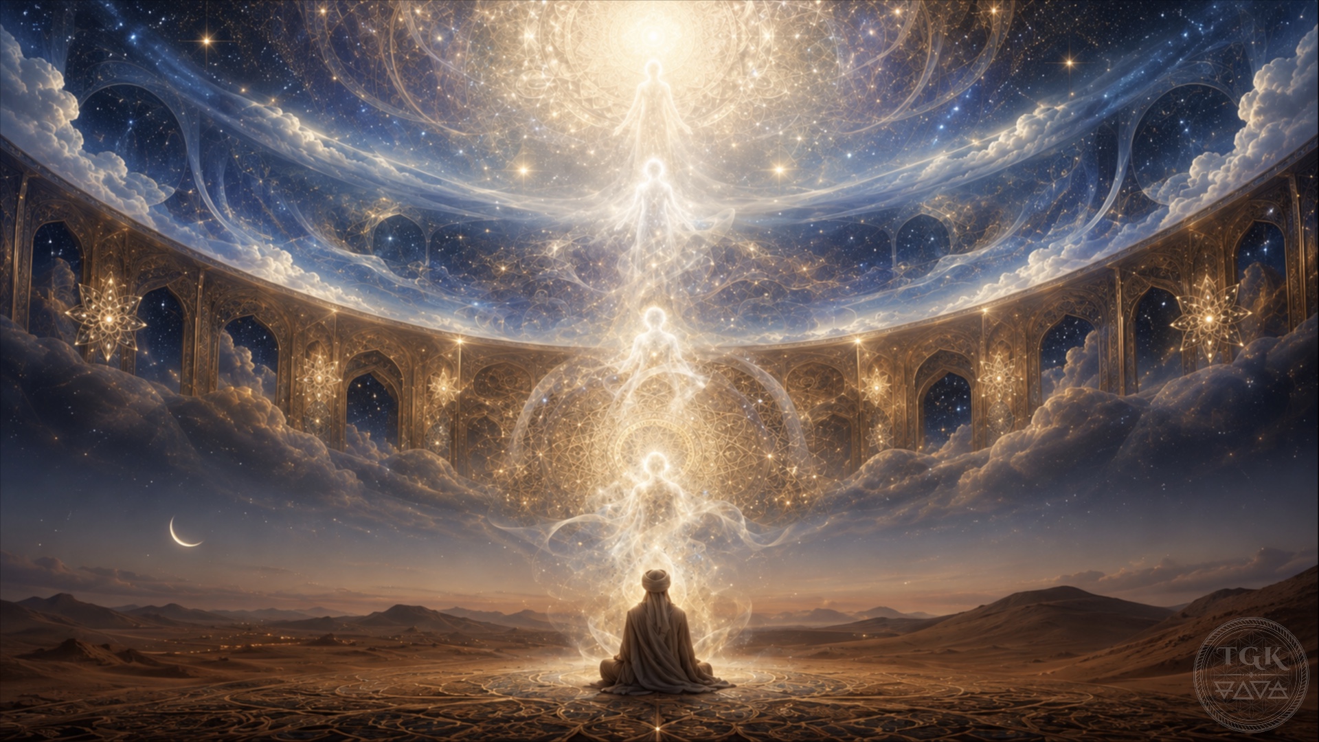 A luminous soul rises through layered veils of subtle light, passing from earthly form into harmony, awe, and formless nearness, each realm dissolving another layer of self.