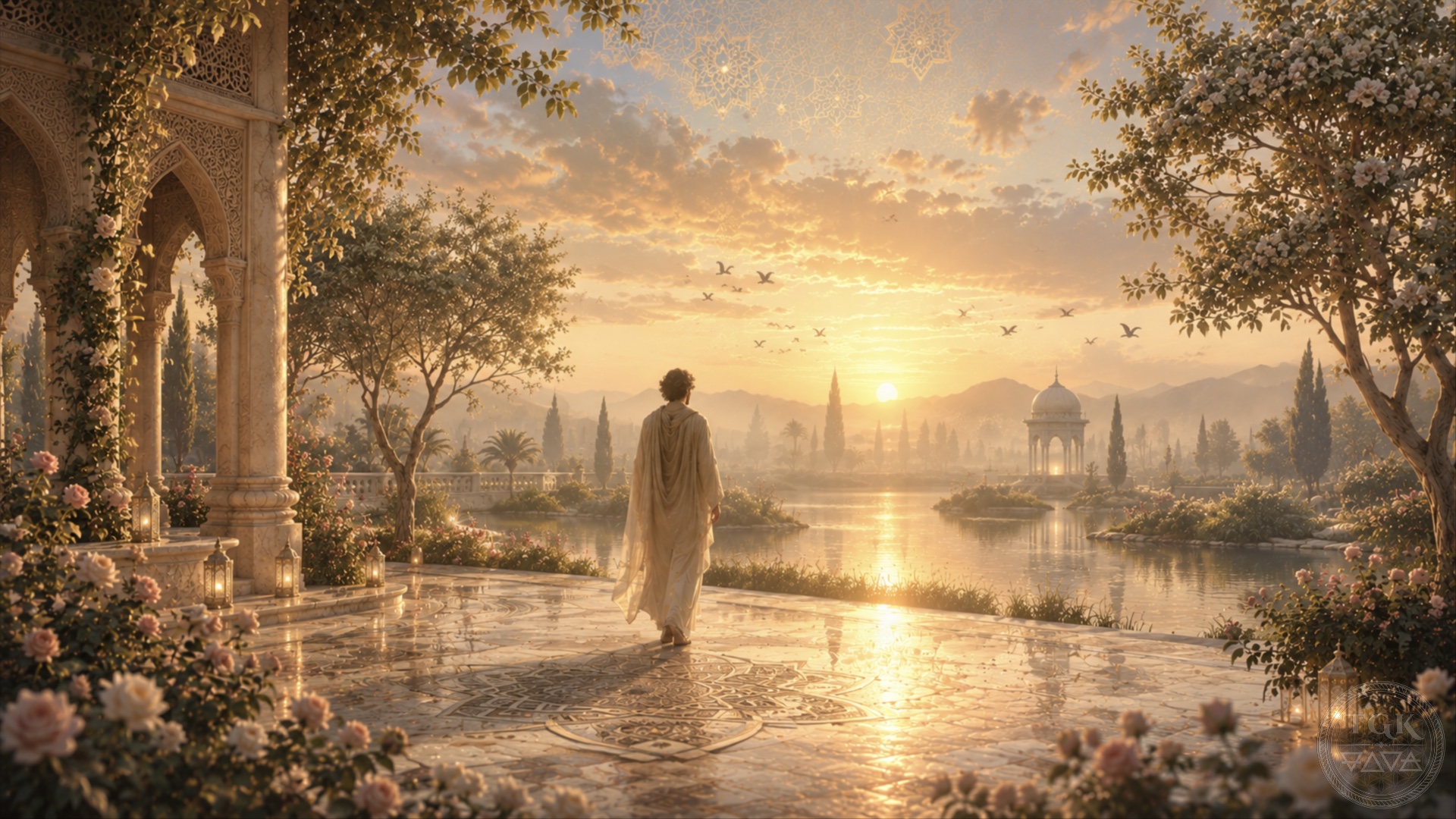 A serene soul abides in a luminous garden at dawn, walking beside reflective water as soft divine light moves through the landscape, no longer separate, yet fully present.