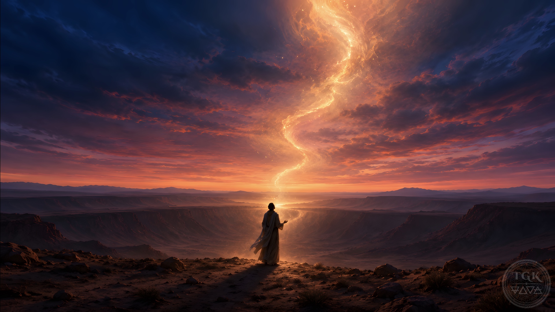 A lone seeker stands in desert twilight as a golden current of longing rises from the heart through veils of mist, drawing the soul upward without force.