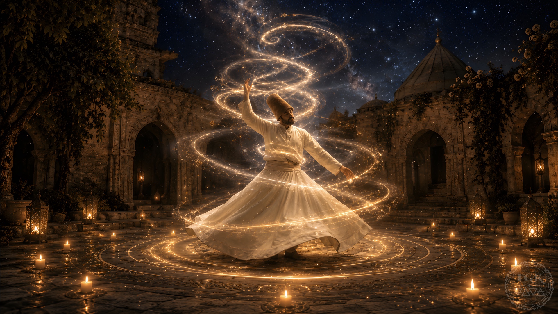 A whirling dervish turns in a quiet sacred space as spirals of breath, dust, and golden light form around the heart, each motion becoming remembrance.