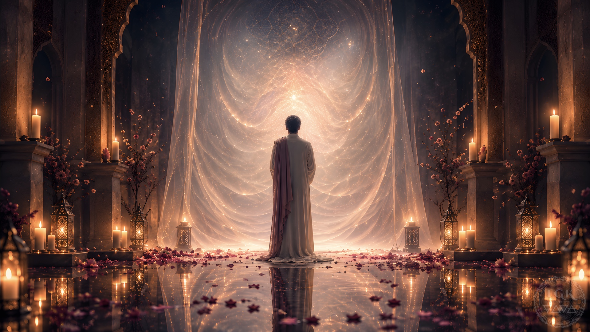 A seeker stands before a translucent veil of pearl and rose-gold light, seeing their own inner radiance reflected back as the hidden nearness of the Beloved.