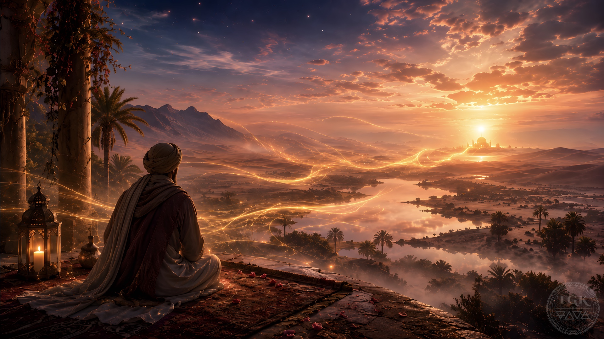 A lone seeker stands across a twilight distance from a veiled golden horizon, while threads of light quietly stitch the space between longing and return.