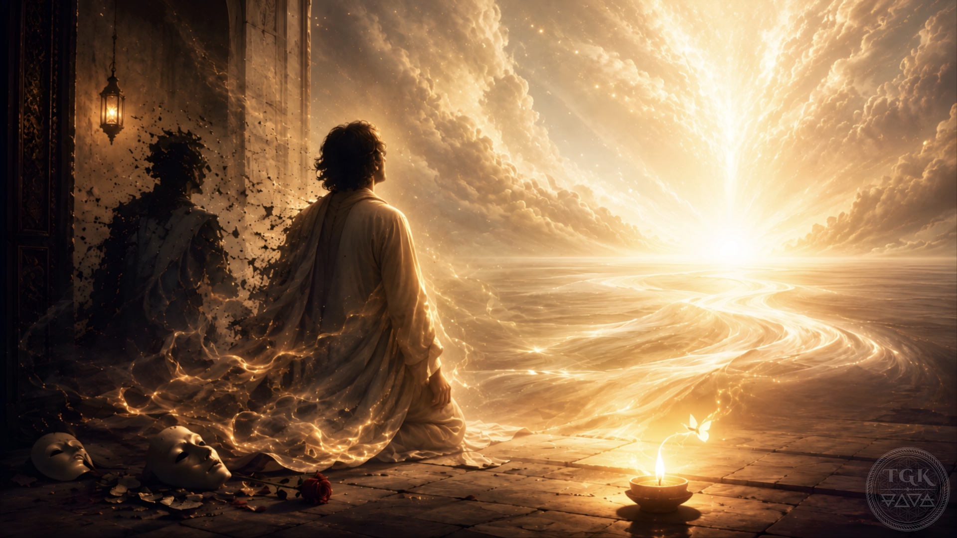 A seeker surrenders before a gentle divine flame as the false self dissolves like smoke, masks fall away, and a small moth of light vanishes into the radiance of the Beloved.