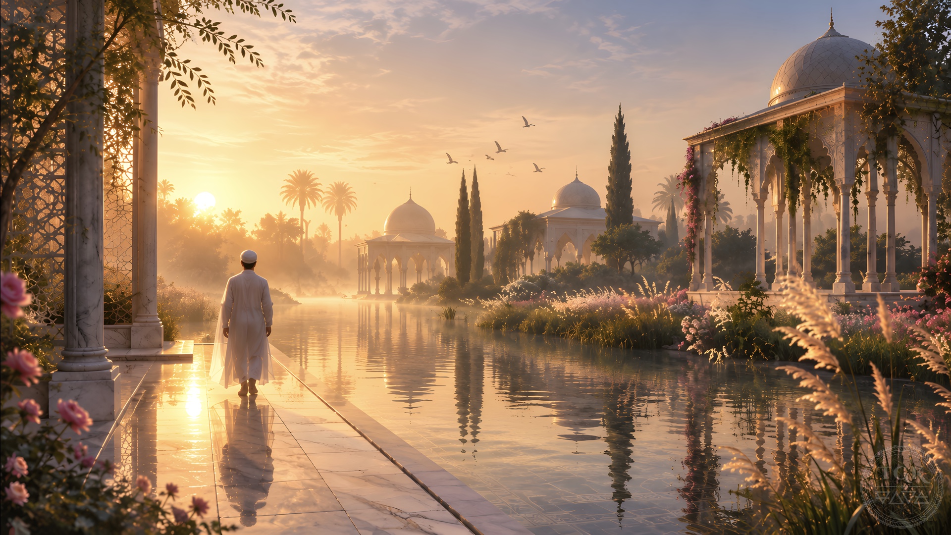A serene soul abides in a luminous garden at dawn, walking beside reflective water as soft divine light moves through the landscape, no longer separate, yet fully present.