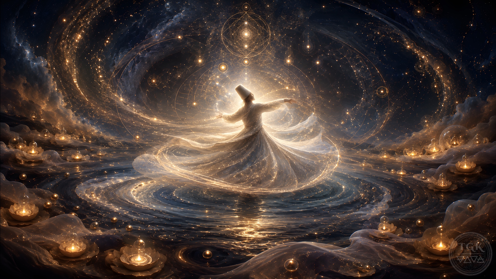 A translucent whirling soul-form moves within spirals of stars, breath, water, and golden dust, no longer separate from the cosmic rhythm turning around the hidden Beloved.