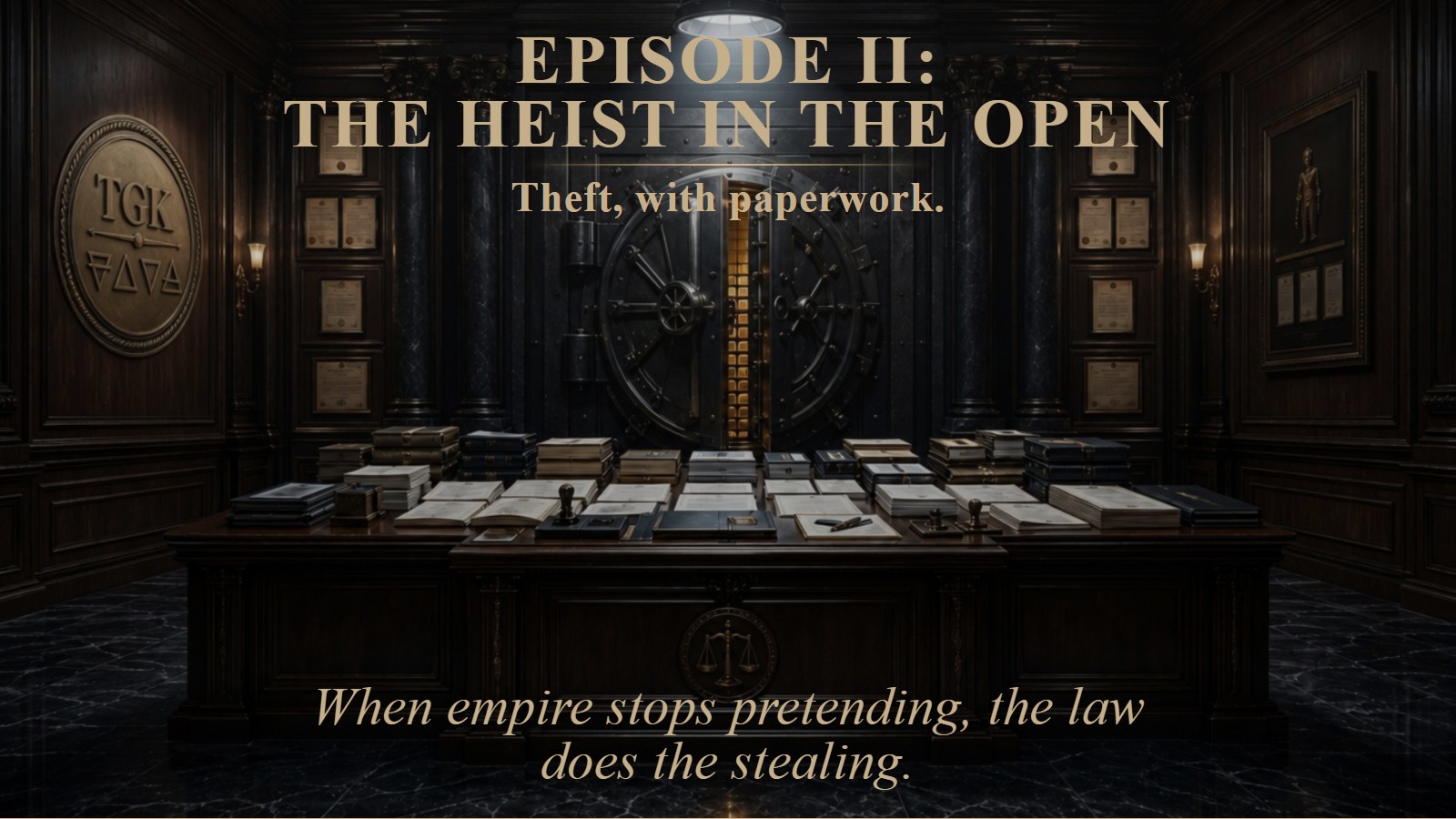 The Empire Codes Episode II artwork: vault bars and sanctions chains over a dark legal grid.
