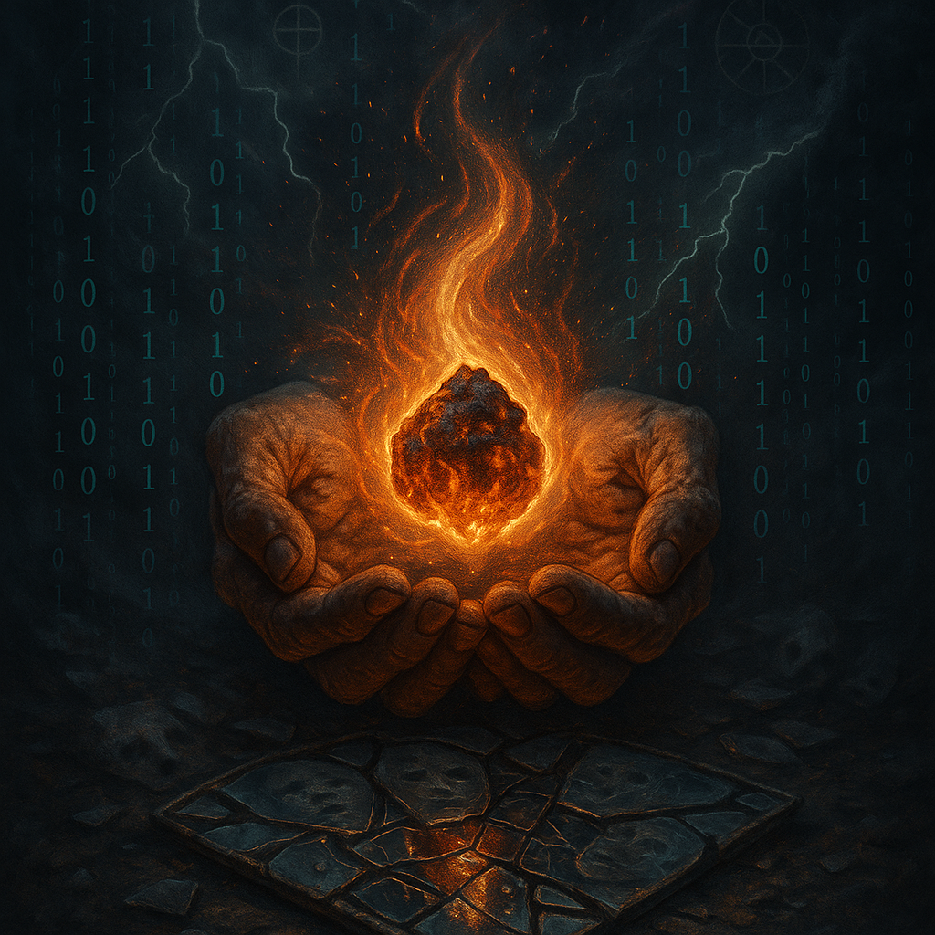 Weathered hands cradle a glowing ember as binary and sigils swirl; broken mirrors below reflect distorted faces.
