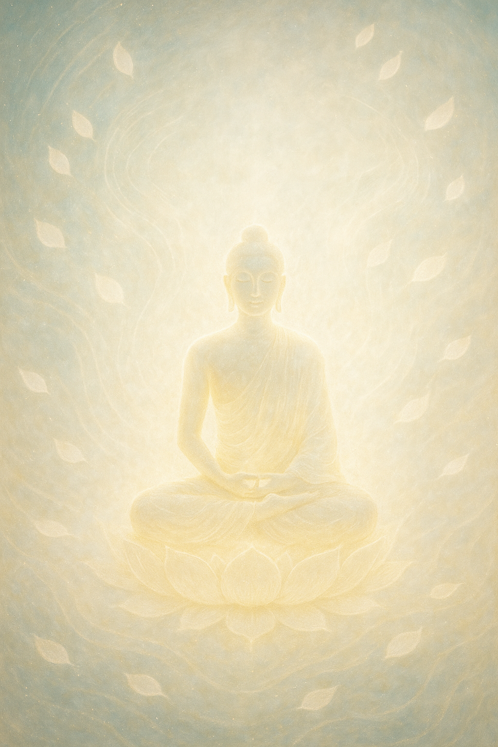 A luminous field of clear light with dissolving patterns, floating lotus petals, and a meditating figure dissolving into the radiant glow, symbolising emptiness and awareness