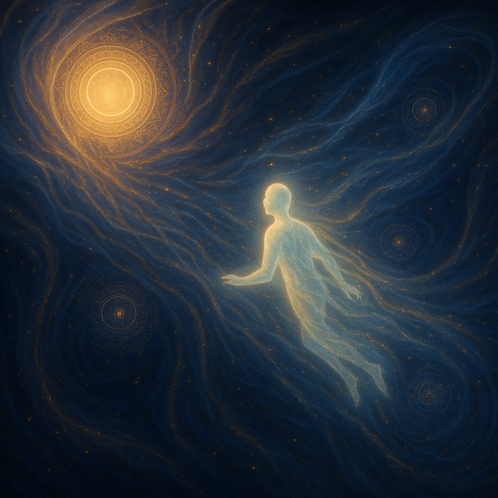 A luminous soul figure drifting through swirling karmic winds, drawn toward symbolic womb portals, surrounded by cosmic patterns representing the wheel of saṃsāra