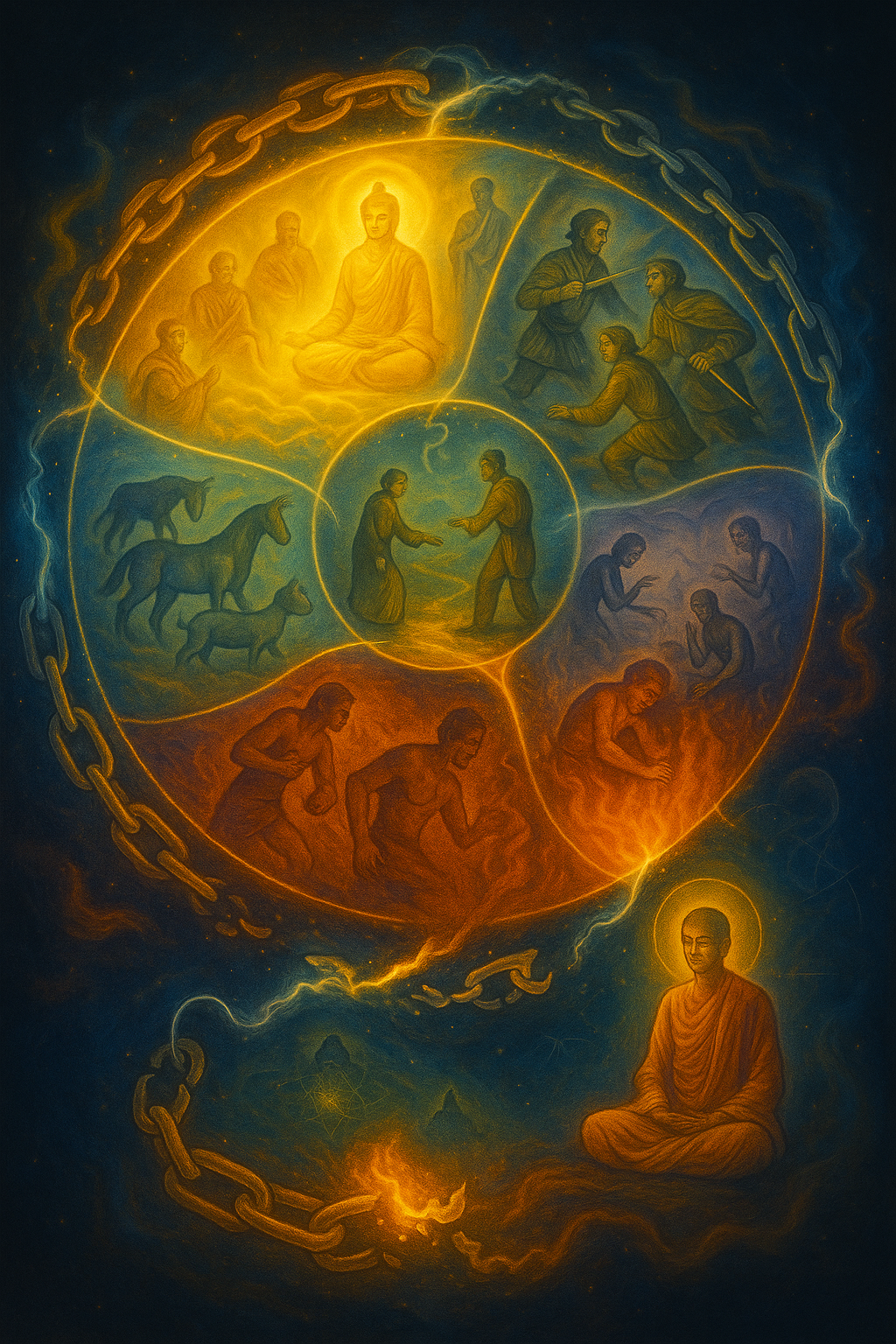 A vast cosmic wheel turning in the night sky, with symbolic beings moving through its six realms, surrounded by glowing threads of karma and light