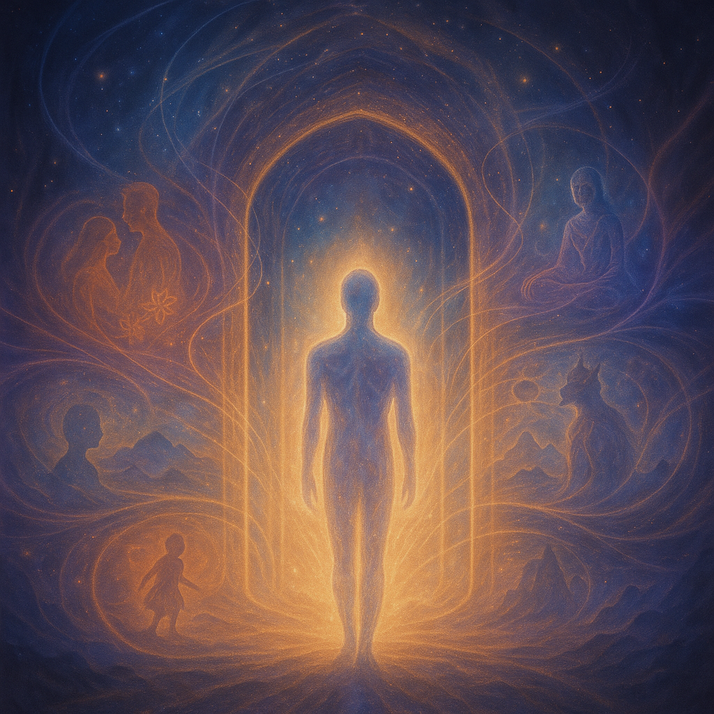 A luminous soul figure standing at a cosmic gateway, surrounded by swirling visions of parents, realms, and forms, with one path leading to rebirth and another to radiant liberation