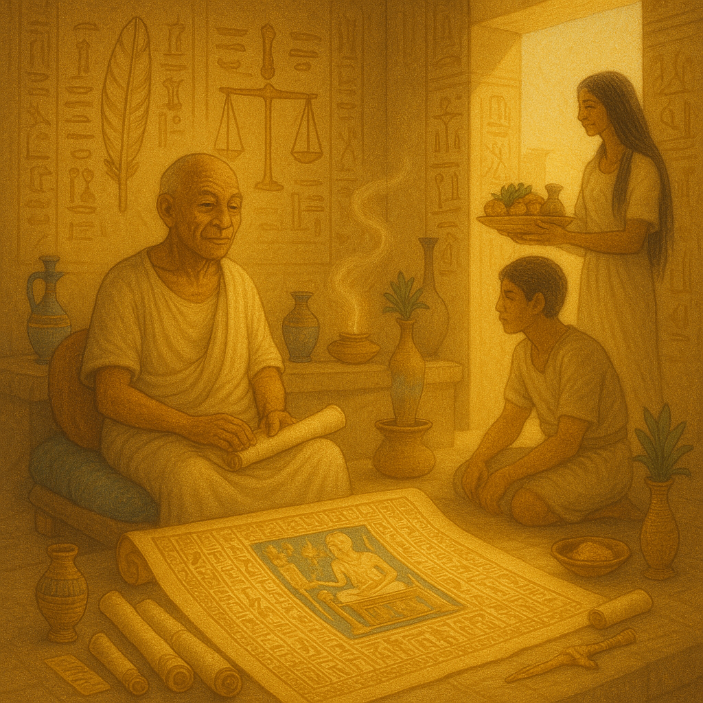 An Egyptian elder prepares for death with calm reverence, surrounded by scrolls, symbols of Ma’at, and family offering rites