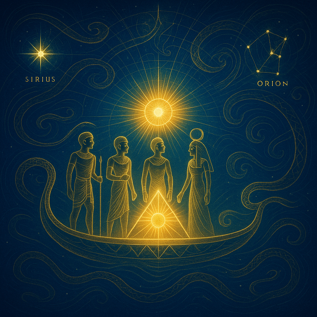 Inside a sacred Egyptian tomb aligned with stars, glowing shafts pointing to Orion and Sirius