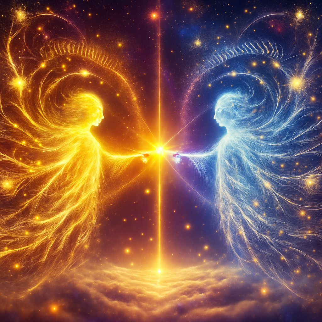 Two figures reaching toward each other across a luminous divide, their hands almost touching, with divine light connecting them through the separation